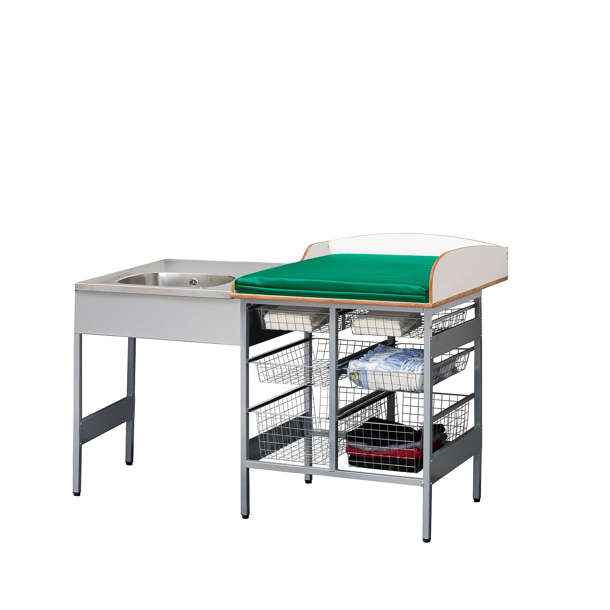 Skötbord NEIL, 6 st trådkorgar, 1400 mm, tvättdel vänster