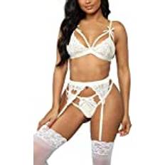 Erotische lingerieDames Kanten Lingerie Set met Jarretellegordel Sexy Kanten Beha en Slipje Set Strappy Babydoll Nachtkleding-Wit_M.