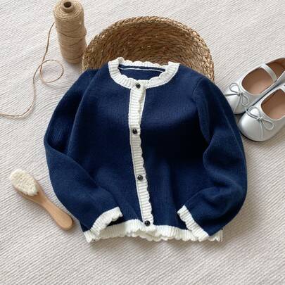 1-pack cardigan för ung flicka, elegant preppy casual, raffinerad basic stickad tröja i marinblått med vit spetskant, lång ärm och rund hals, höst (6Y,7Y,4Y,5Y)