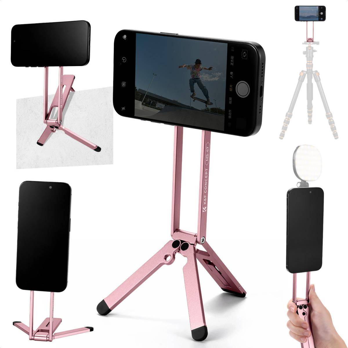 KENTFAITH K&F CONCEPT Magnetic Phone Tripod Stande, 23N Strong Magnetic Mini Tripod Aluminium Alloy Pocket Selfie Stick, Mag Safe Phone Holder Compatible with iPhone 17 16 15 14 13 12 Series(Pink)