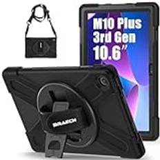 BRAECN Lenovo Tab M10 Plus 3rd Gen fodral 10,6 tum 2K 2022 TB-125/TB-128, robust stötsäkert bärbart skyddsfodral med 360° vridbar handrem och stativ, axelrem – svart