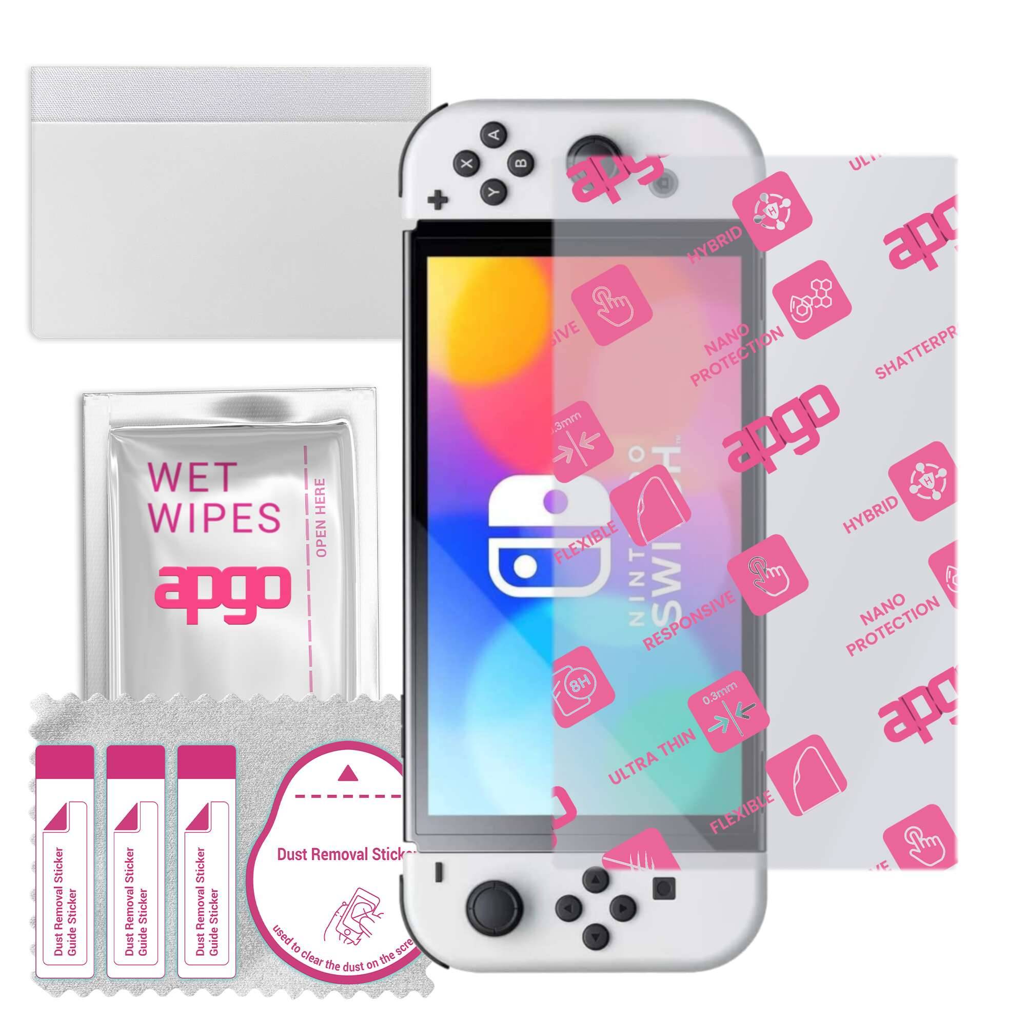 apgo Ultra-Clear Hybrid protective glass compatible with Nintendo Switch Oled, flexible nano glass, great replacement for tempered glass, scratch-resi