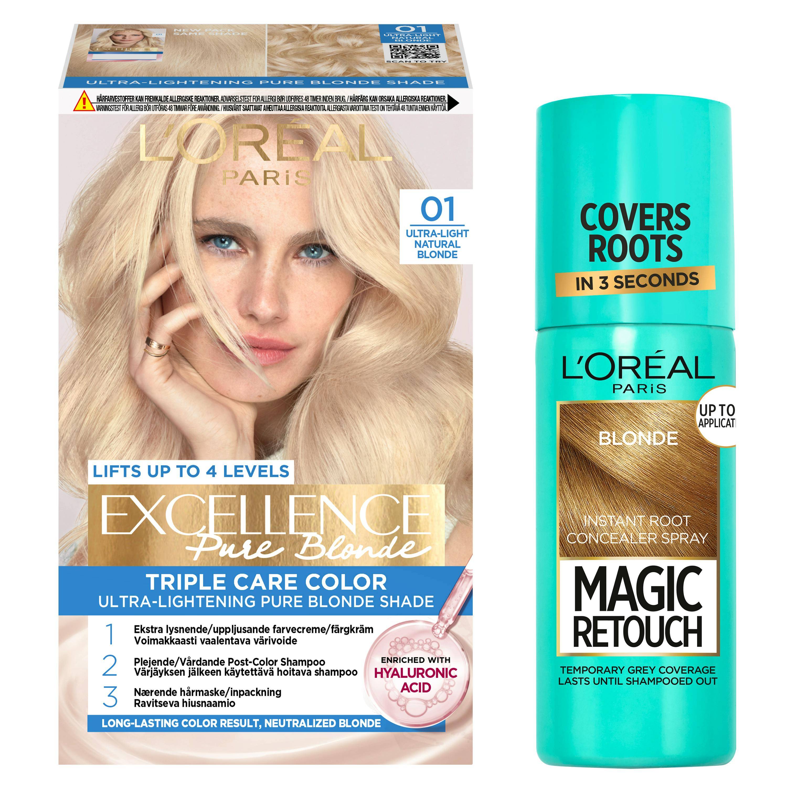 L'Oréal Paris Excellence 01 Lightest Natural Blonde & Magic Retouch Root Concealer Spray 5 Blonde 1 pcs + 75 ml