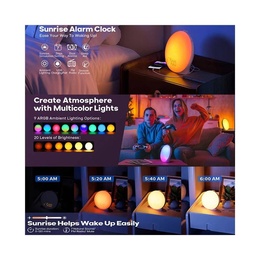 Wake Light Sunrise Alarm Clock with Night Light, FM Radio, Natural Sounds for Heavy Sleepers