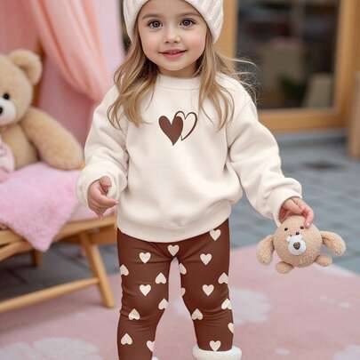 Happikins babyflickor krämvit söt höstoutfit, matchande familjeset med hjärtgrafik, vintertröja och leggings, mjuka varma långärmade vardagskläder - Multifärgad (6-9M,9-12M,12-18M,18-24M,2-3Y)