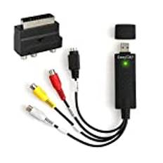 AUTOUTLET USB 2.0 Audio Video Grabber | inkl. tillbehörsset Scart till RCA/S-videoadapter, RCA till RCA kabel | VHS – videoadapter för bearbetning efterbearbetning | för Windows 10/8/7/Vista/XP