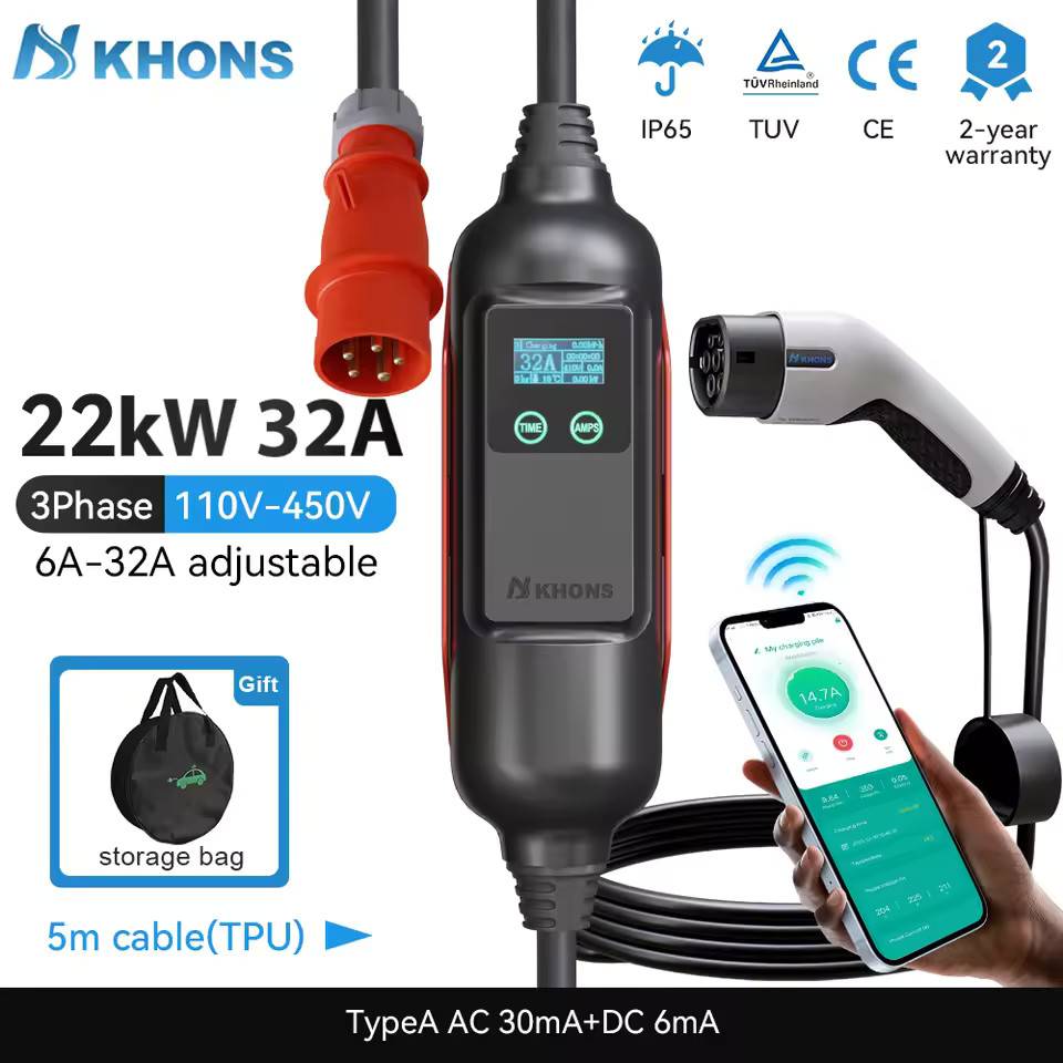 Khons Type2 22KW 32A 3Phase Portable EV Charger Wi-Fi APP EVSE Charging Cable 5m CEE Plug Charging Station For Electric Car