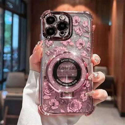 Beställ och följ butiken för att få gratis mobilskal med nyckelband, lyxigt blommigt mobilskal med glitter och kickstand, mobilskal med krockskyddande - Rosa (Multi-size)