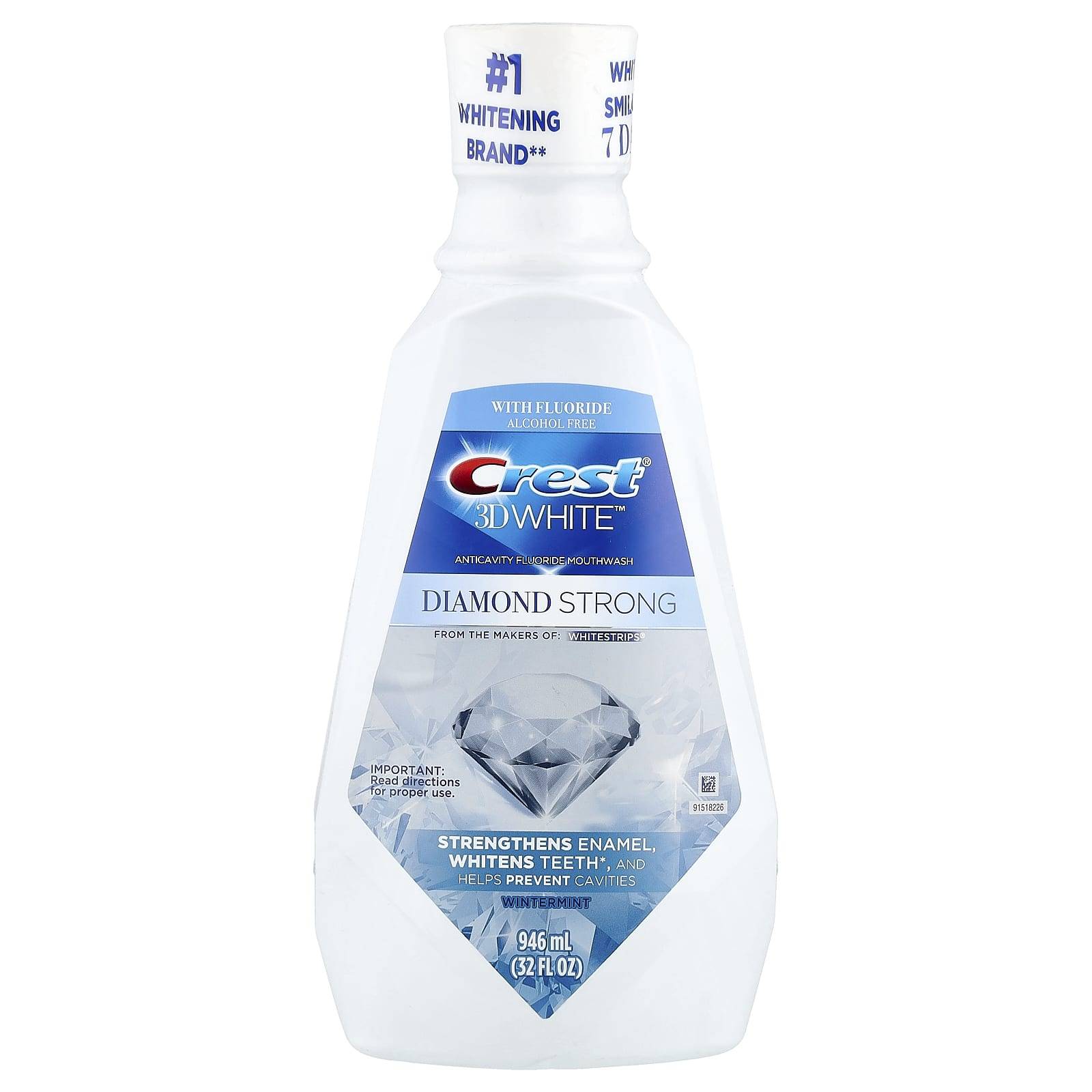 Crest, 3D White™, Diamond Strong, Anti-cavity Fluoride Mouthwash, Alcohol-Free, Wintermint, 32 fl oz (946 ml)