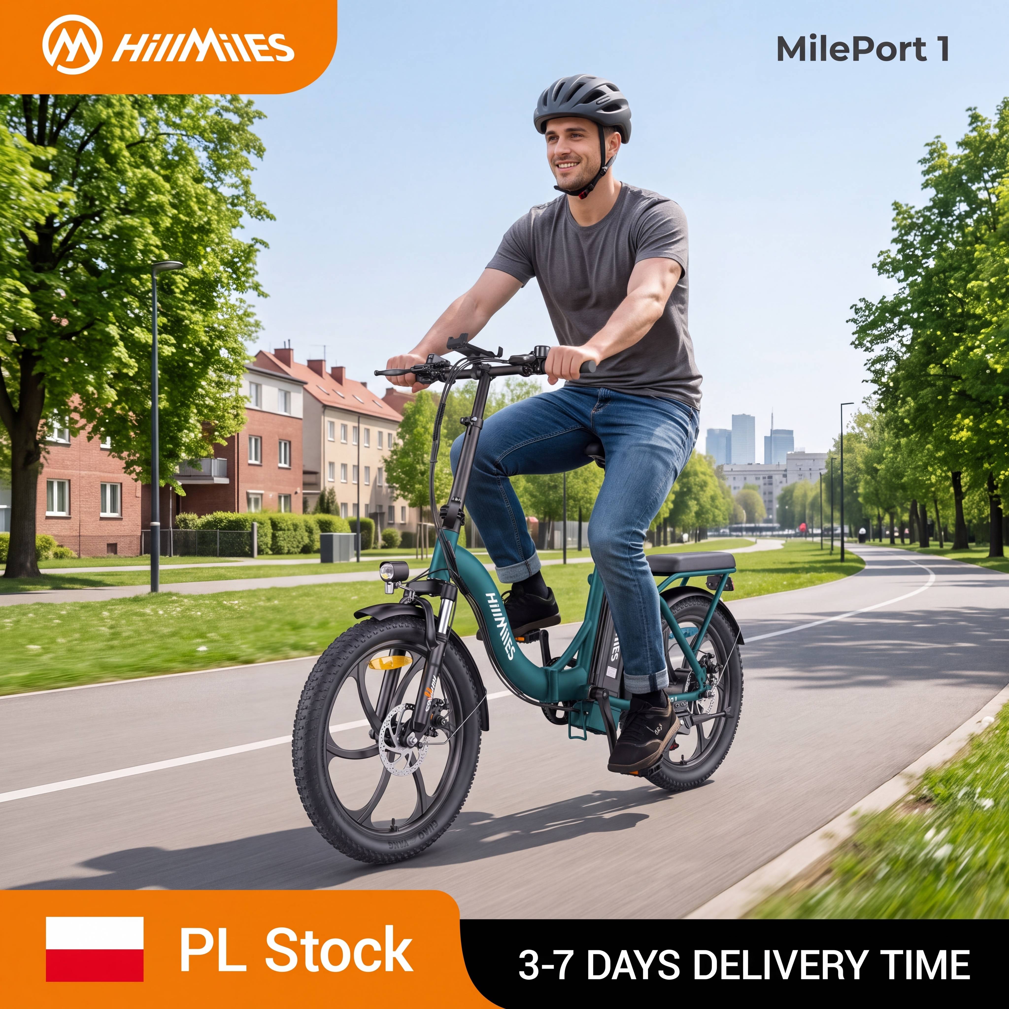 Hillmiles Mileport Folding Electric Bike, 20"*3.0" Fat Tire E-Bike, 250W Motor, 36V 13Ah Battery, 120Km Range, 25Km/H, 7 Speeds, Disc Brakes, Urban & Off-Road Electric Bicycle, Shipped from Poland