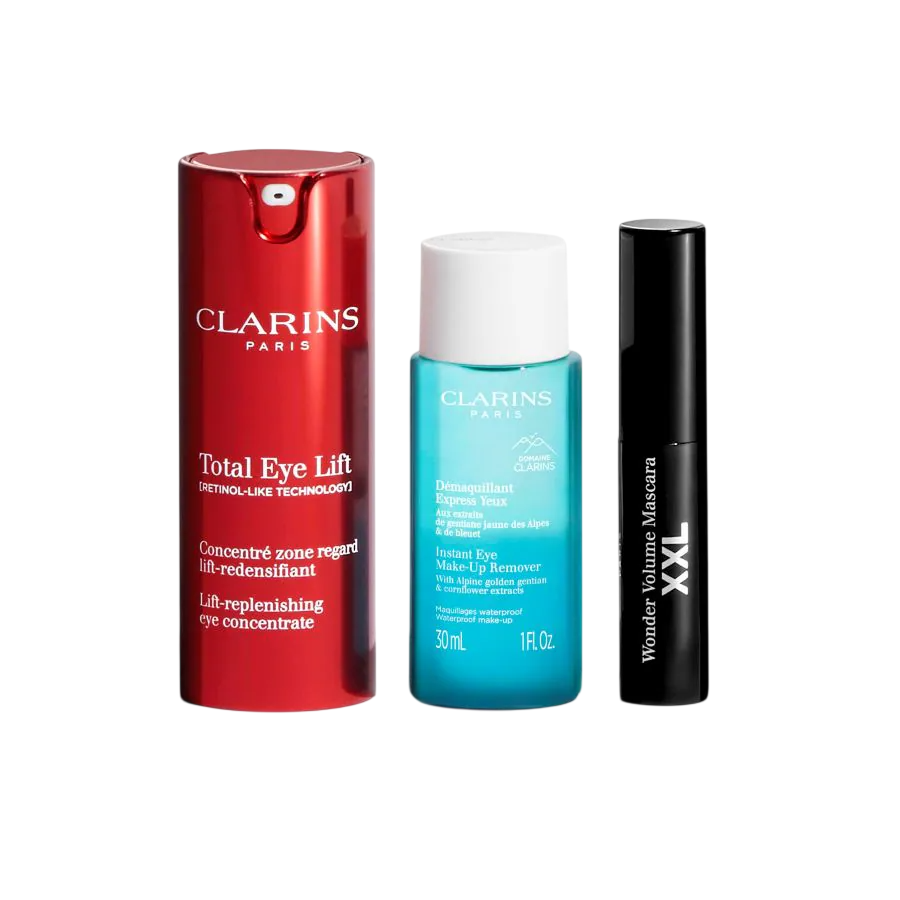 Set Clarins: Total Eye, Lift, Day, Siero contorno occhi, 15 ml + Instant Eye, Lozione struccante, 30 ml + Wonder Volume, Volumizzante, Mascara, Nero,