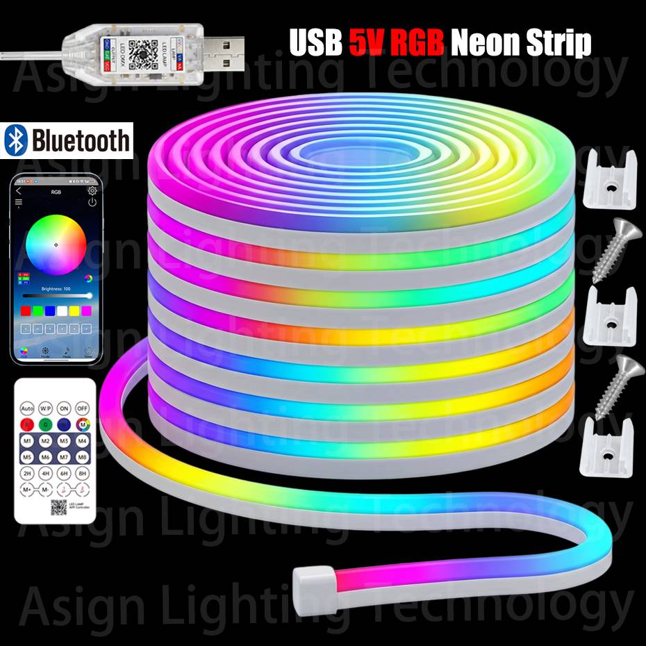 Smart RGB Neon Rope Light 5V USB 1m-10m IP65 Flexible Strip with Bluetooth Music Sync & App Control for Gaming Room Party