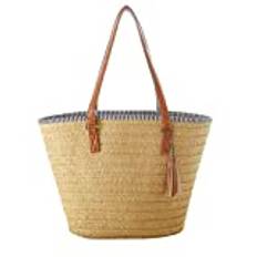 Hsthe Sea Straw Handväska Summer Beach Bag Damaxelväska med läderhandtag Tofs Handväska Cross Body Bag Shoppingväska Craft Bag for Travel (Brun)