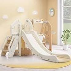 5-i-1-barnrutschkana för inomhus och utomhus, för barn på 3–6 år, lekplats för barn, med rutschkana, klättring, förvaringsutrymme, gunga och basketkorg, babyrutschkana/trädgårdsrutschkana (brun)