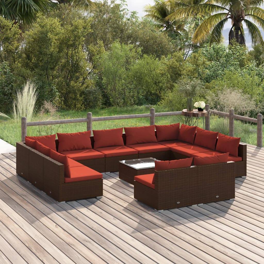 Loungesæt Til Haven 9 Dele Med Hynder Polyrattan Brun Brun Og Kanelfarvet - 2x hjørnedel 9x midterdel bord