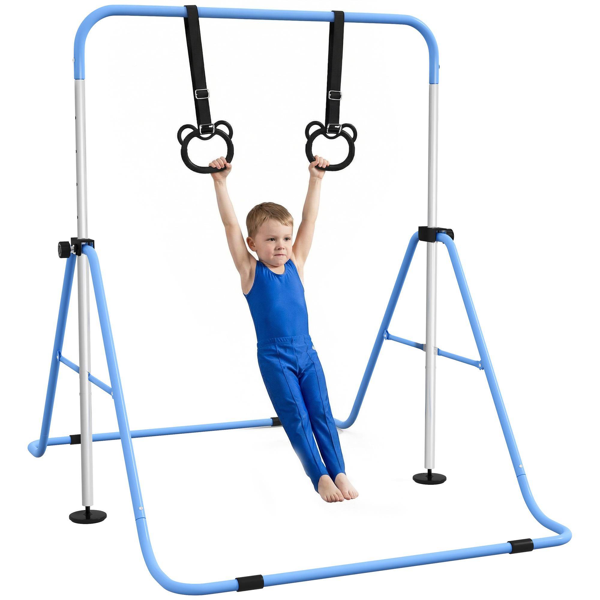 Höjdjusterbar gymnastikbom för barn med 2 ringar, Stål, 148x105x88-128 cm, Blå