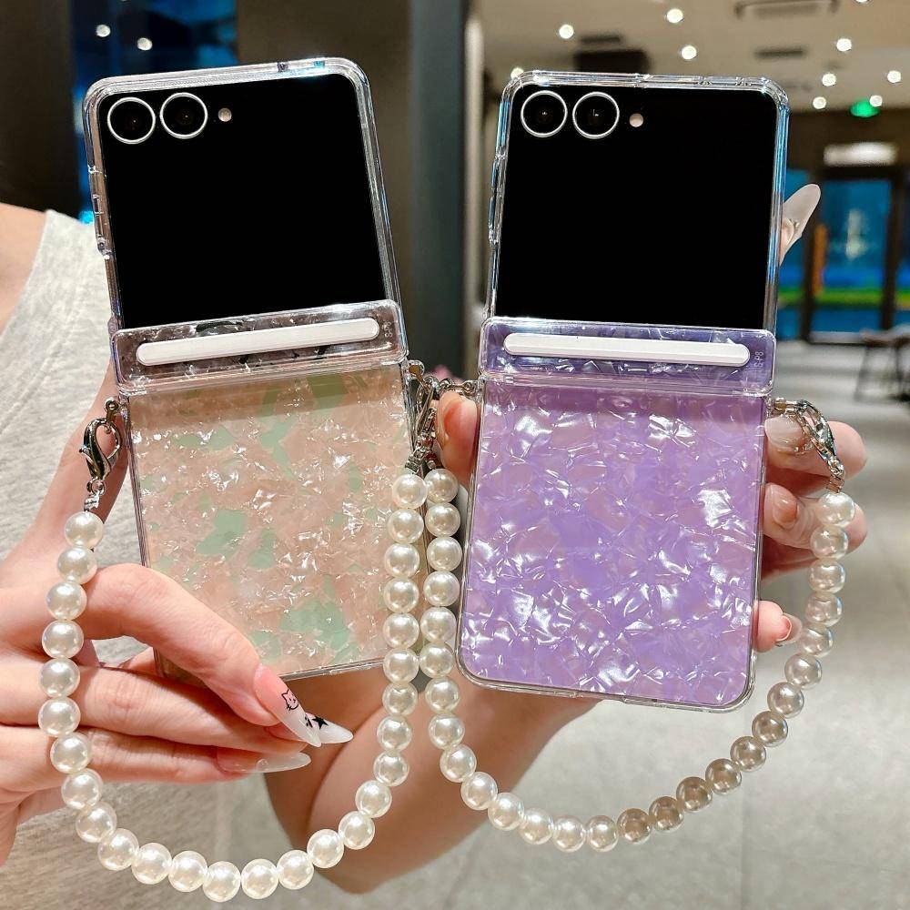 For Samsung Galaxy Z Flip 8 7E 7 6 5 Luxury Shell Pattern Pearl Bracelet Case With Wrist Chain Hard Acrylic Shockproof Cover rosa