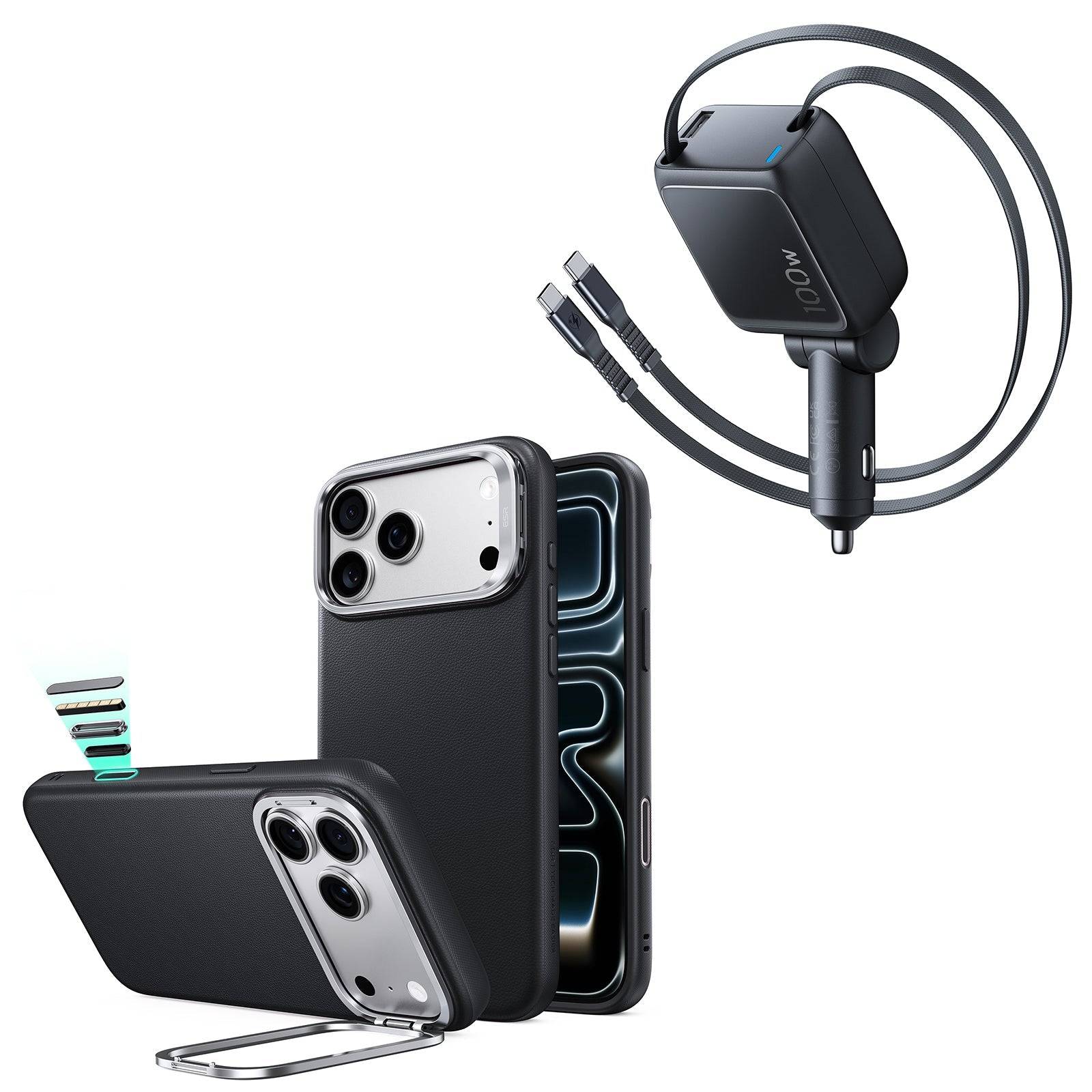 iPhone 18 Pro Max Atelier Silicone Leather Magnetic Case with Camera Control and Flex Stand, Plus Xtend 100W Retractable Car Charger Bundle - Black - Black