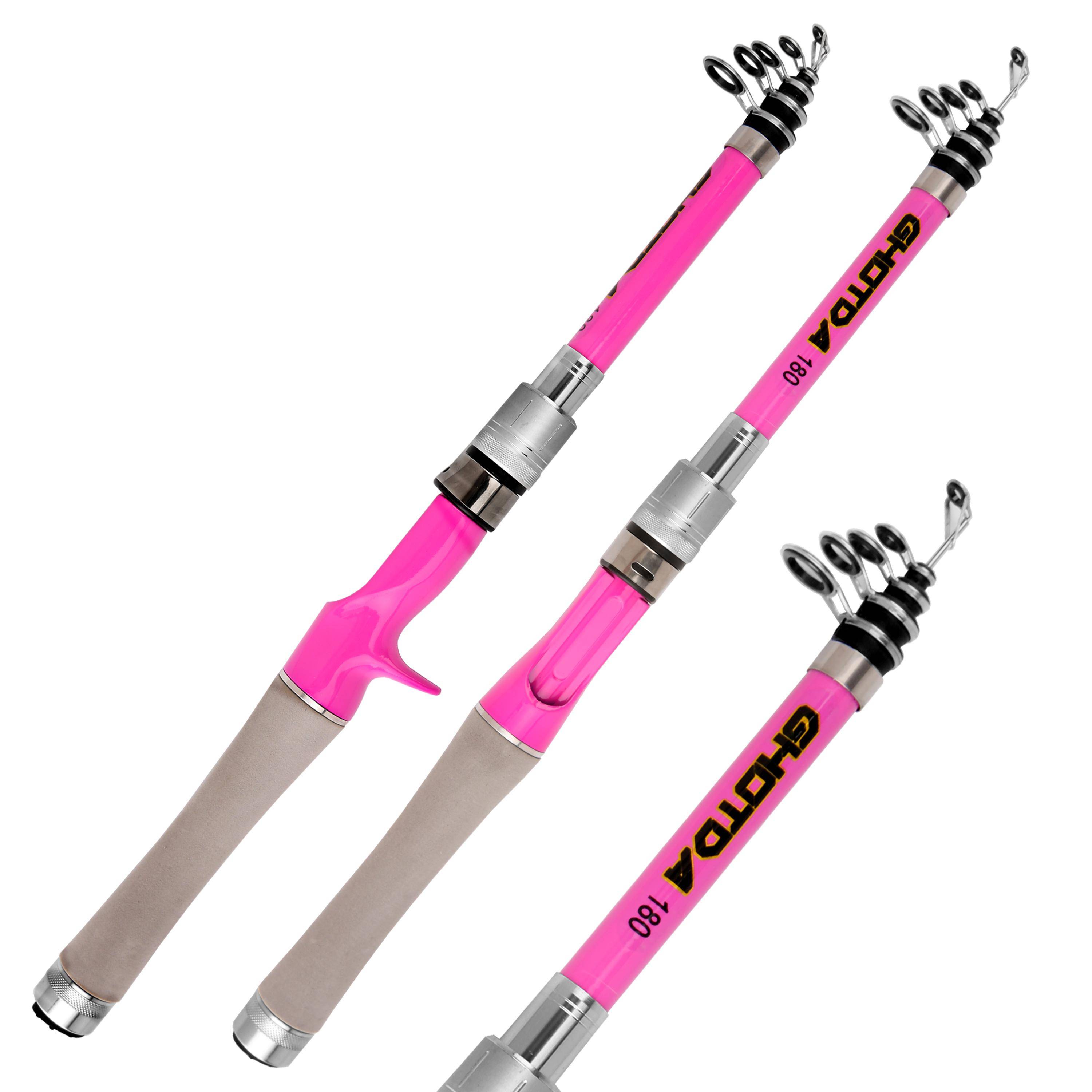 Hög känslighet, korta resor, teleskopiska fiskespön 1,5/1,8/2,1/2,4 M Kolfiber Rosa Spinning Casting Pole Lure Fiskespö rosa