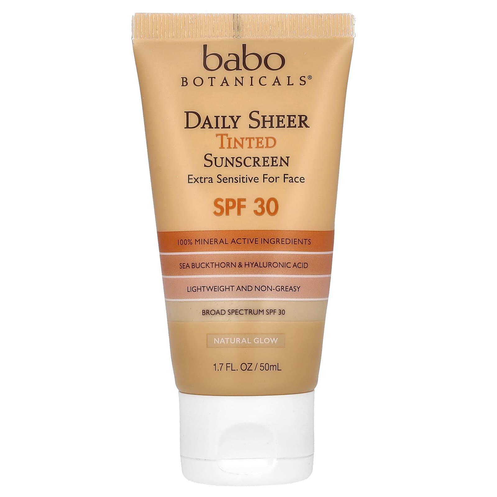 Babo Botanicals, Daglig Lätt Färgad Solskyddskräm, SPF 30, Naturlig Glöd, Doftfri, 1,7 fl oz (50 ml)