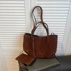 Fashion Casual Large Capacity Solid Color PU Leather Women Tote Bag, Retro Versatile Shoulder Handbag Purse, Winter New Style - Coffee Brown