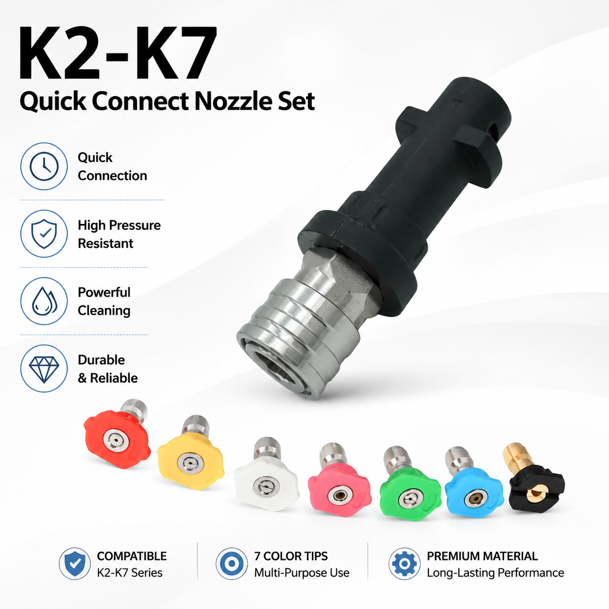 High-Pressure Water Gun Adapter Compatible with Karcher K2-K7, Equipped with 5/7-Color Nozzles & Quick Connector Foam Cannon