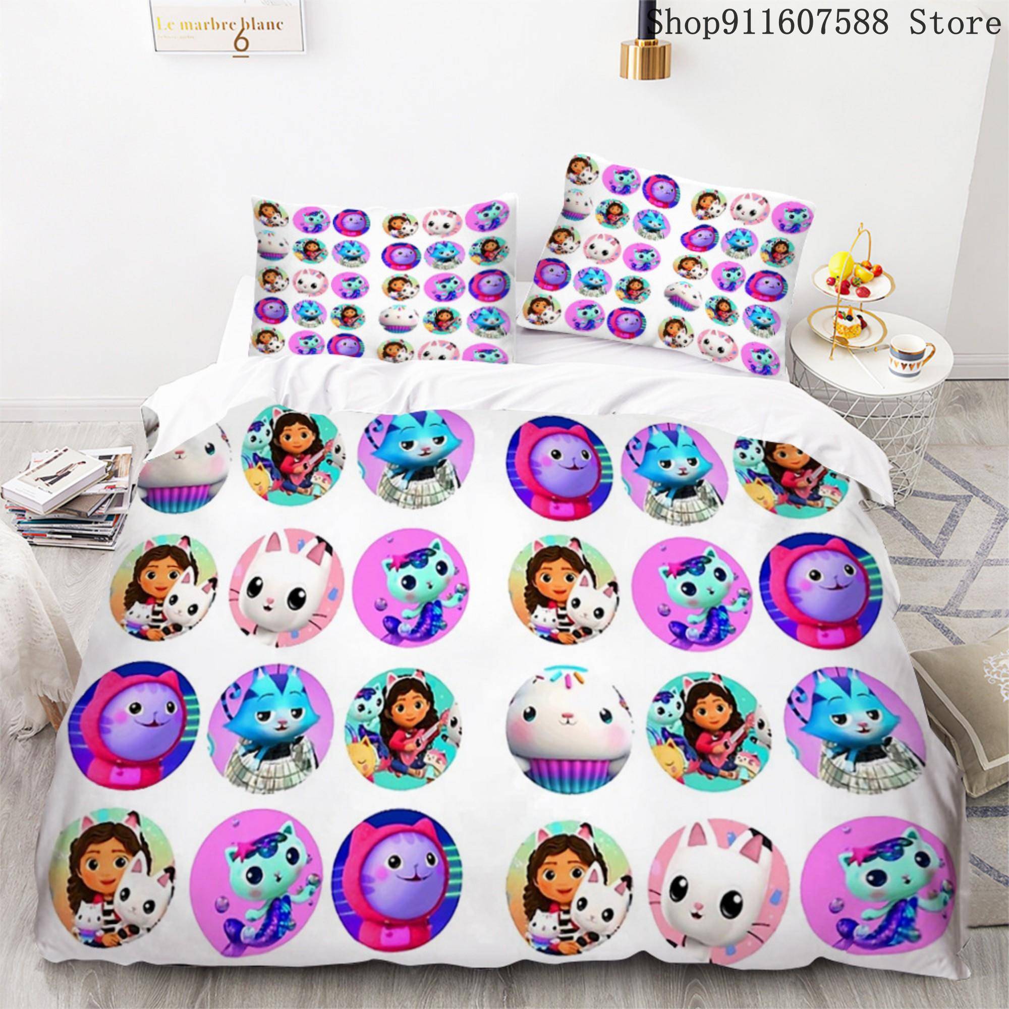 Gabbys dockhus Sängklädesset Kawaii Sänglinneset Enkel Dubbel Storlek Heminredning För Flickor Barn Tecknad Söt Katt Påslakanset AU Single140x210cm