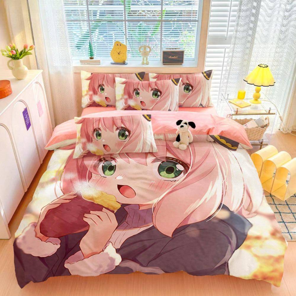 Tecknad Animeflicka, Mikrofiber Sängkläder Set, Barnsäng Dekor Påslakan för Tonåringar Vuxna 3-Delar med Dragkedja Rumsdekor 90x200cm