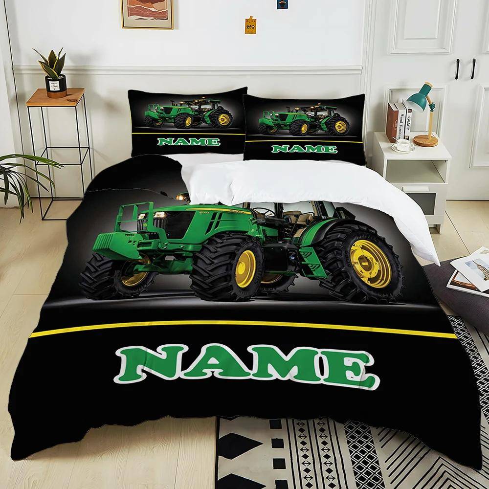 Ny! Personligt anpassat namn Retro Traktormönster Tryckt Säng 3-delat Set Barn Vuxen Mjuk Sängkläder Jul Halloween Present EU Double 200X200cm
