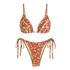 ZAFUL Damen-Bikini-Set mit Spitzenbesatz, Ditsy-Blumendruck, Dreiecksbindung, Seitlich Verstellbar, Spaghettiträger, String-Tanga-Bikini-Set, Badebekleidung Set