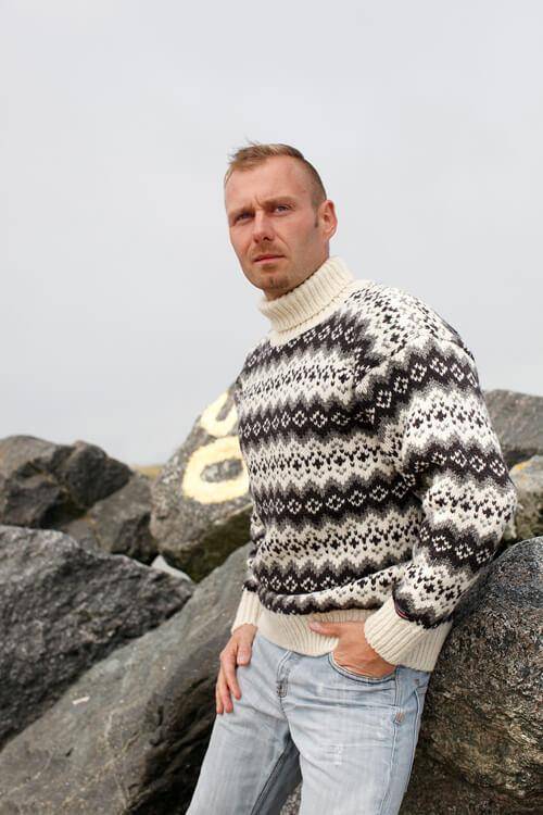 Norwool islandsk sweater med rullekrave - Råhvid & Koksgrå - Råhvid & Koksgrå / S