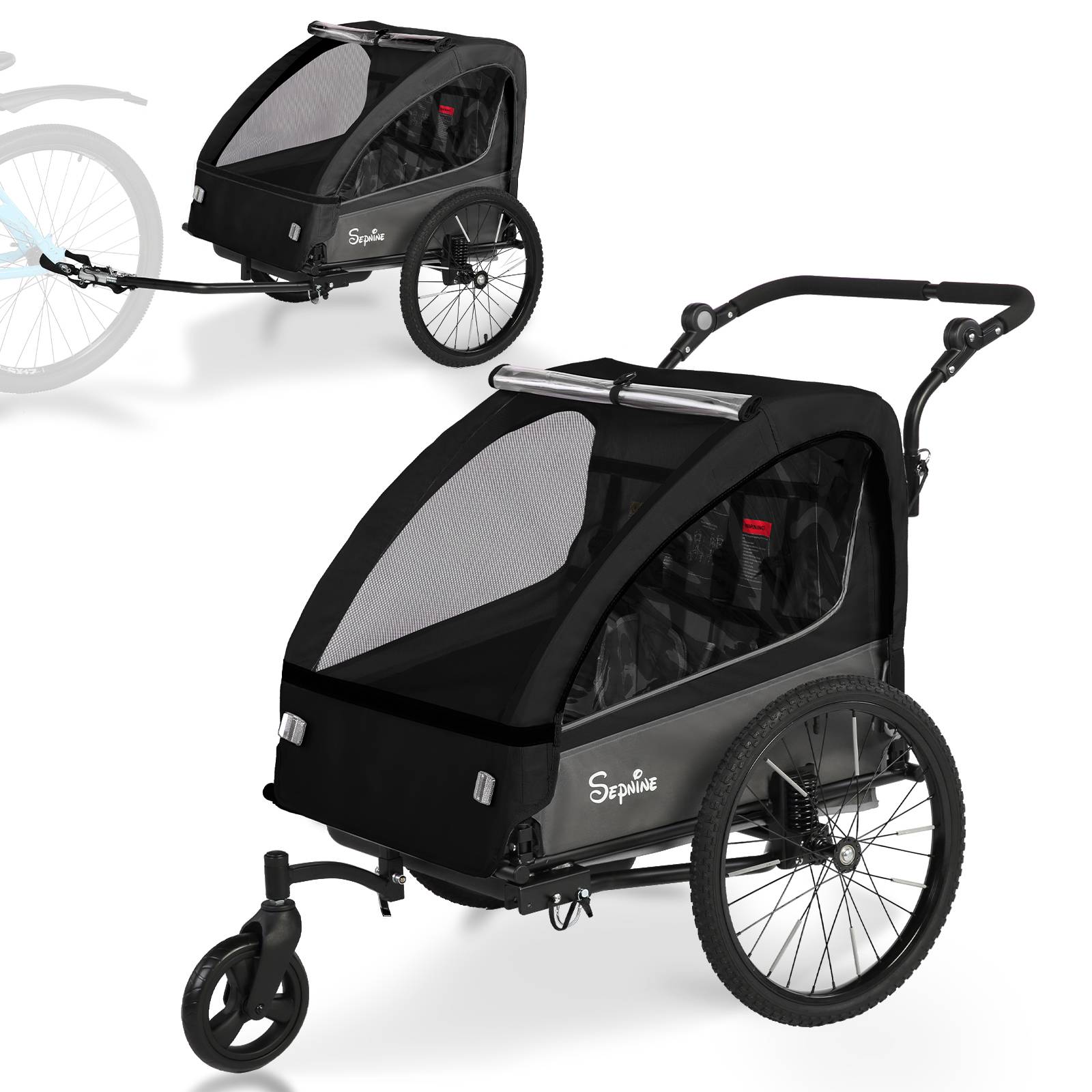 2-Seater Kids Bike Trailer, Foldable Child Bicycle Trailer with 5-Point Safety Harness, Suspension, Parking Brakes, Safety Flag, Weather & Insect Protection, Universal Coupler, 40 kg Capacity, 18 cm