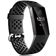 Dirrelo Kompatibel med Fitbit Charge 3 / Charge 4 rem, sport silikon justerbar ersättning med andningsbara hål tillbehör armband för Fitbit Charge 3 SE, för kvinnor män, stor svart
