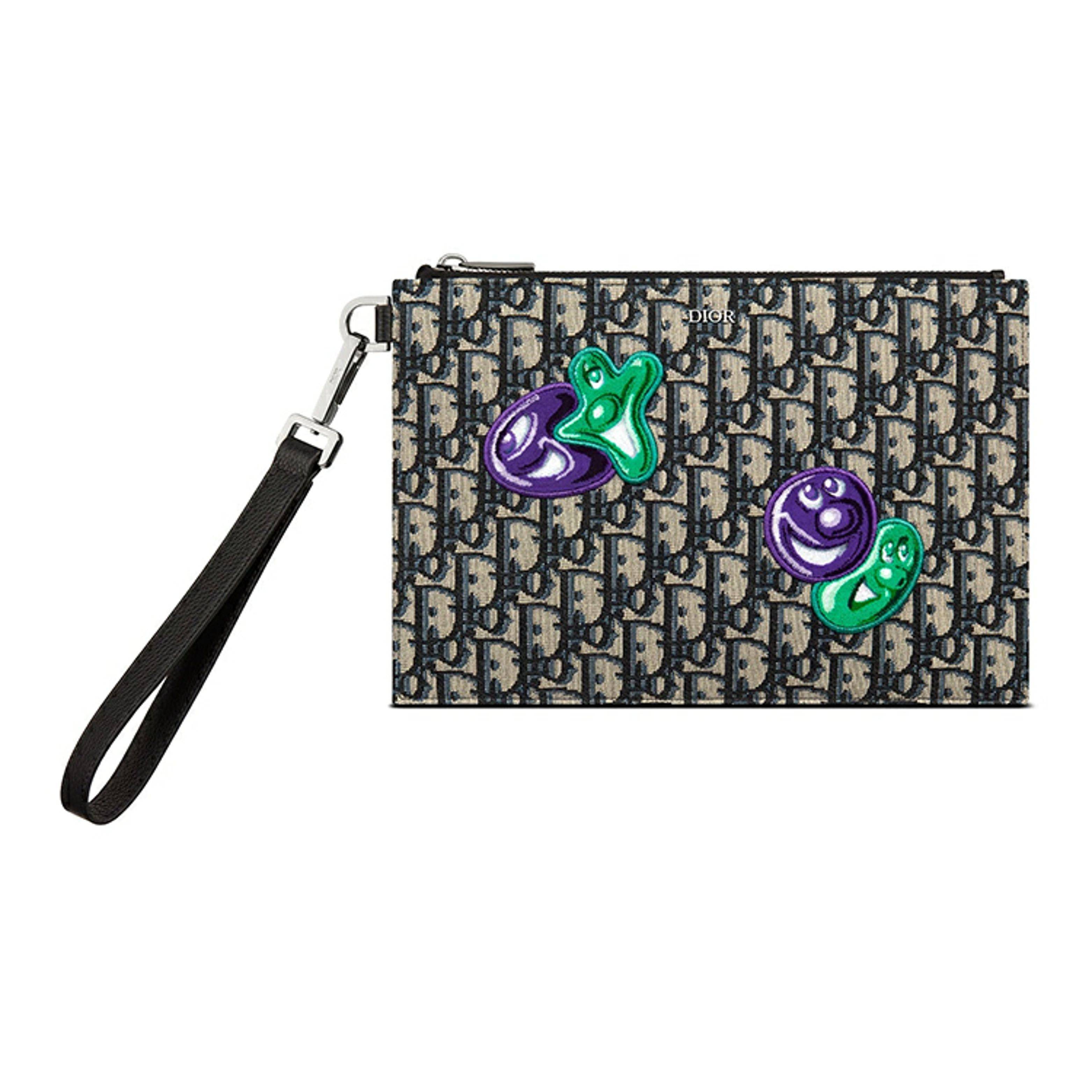Dior X Kenny Scharf Collaboration Embroidered Patch Zippered Leather Clutch Men clutch Black Brown 2ESCA338UAU-H10E Basic Set (Bag+Dust Bag)