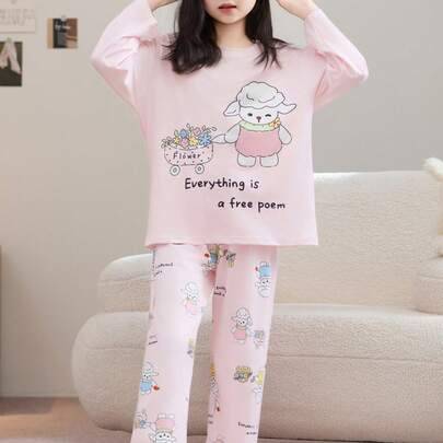 2 st/set flamskyddsmedel flickor rosa tecknat fårmönster rund hals långärmad pyjamasset (8Y,9Y,10Y,11Y,12Y)