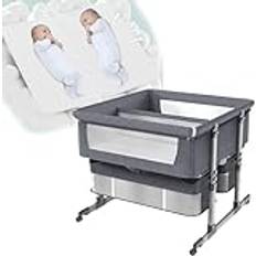 Twins Baby Bed Sleeper, Baby Beside Crib, Cot with Storage Basket, Portable Basinette Baby Bed, 6 Height Adjustable for Babies from 1 to 36 Months,Gray