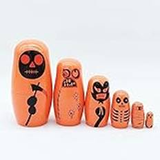 Set med 6 orange halloween trädockor, tecknat spöke dödskalle dödskalle ryska dockor, ryska SUVA, staplingsbara leksaker för barn, gåvor, spökhus jul halloween party heminredning