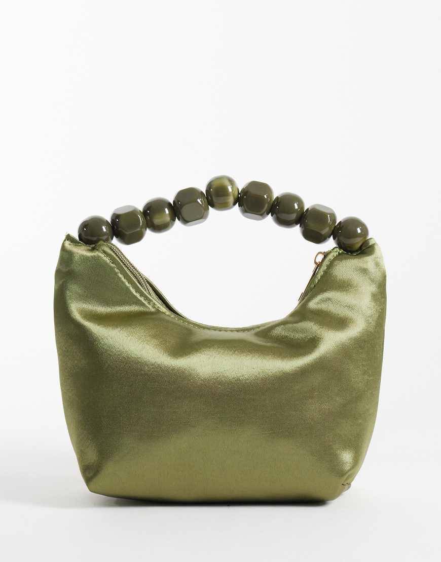 ASOS DESIGN clutchtaske i satin med håndtag med resin-kugle i khaki-Grøn - No Size