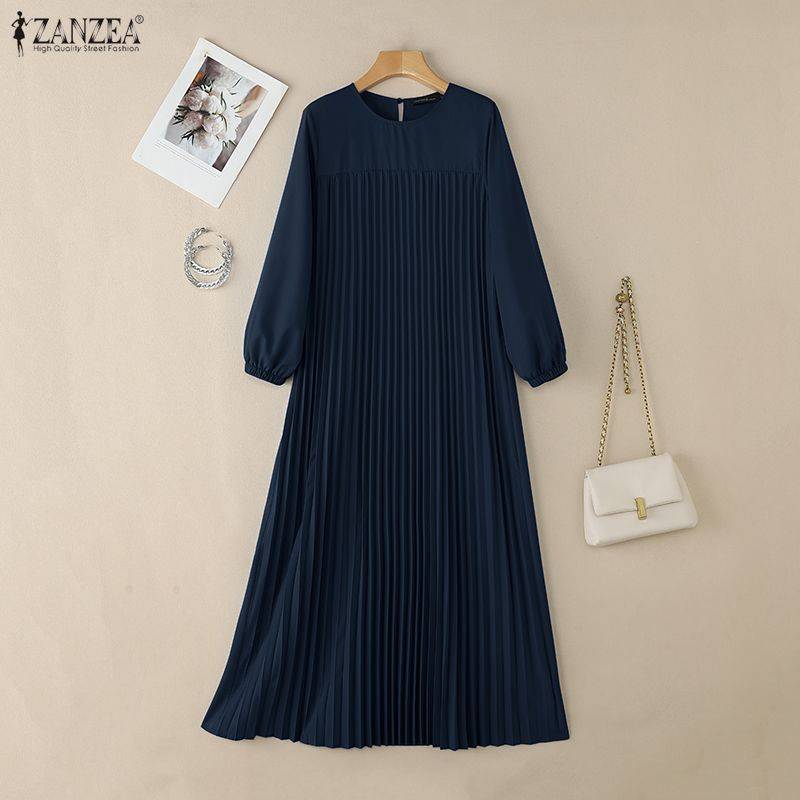 ZANZEA Oversized S-5XL Women Round Neck Long Sleeve Casual Pleated Long Dress cm