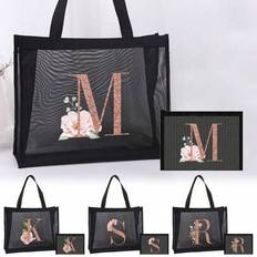 2st Kvinnor Mesh Shopping Bag Stor Kapacitet Tygväska Och Mesh Sminkväska Kombination Sminkväska Roséguld Initialer A-Z Bokstavsmönster Kombinationsse - Svart (A,B,C,D,E,F,G,H,I,J,K,L,M,N,O,P,Q,R,S,T,U,V,W,X,Y,Z)