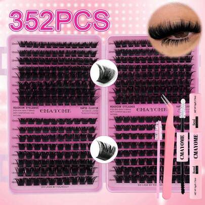 352/384 st D-curl flared lösögonfransar, lätta och fluffiga, täta fransförlängningskit för naturlig och realistisk franseffekt, set med franslim och f - Multifärgad