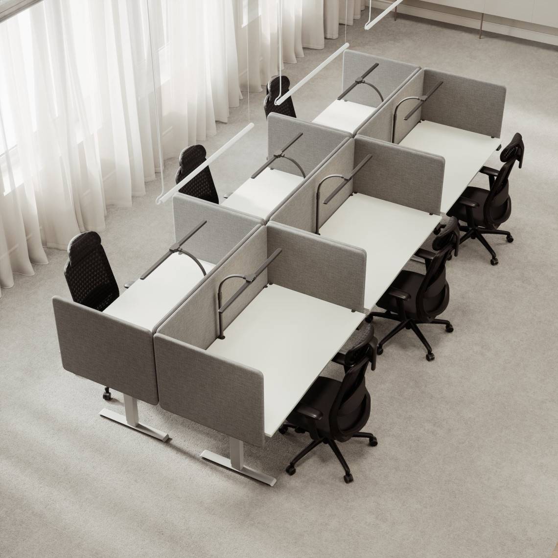Komplet arbejdsplads, Kabelhåndtering Ja, Bordpladens størrelse 140 x 70 cm, Lampe Ja, Monitorarm Nej, Udseende Light Grey, Antal pladser 6.