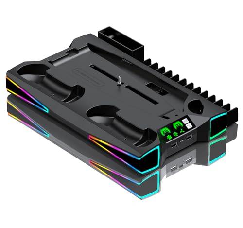PS5 Slim Stand with 6-Color RGB Lights, PS5/PS5 Slim Controller Charging Stand, Simultaneous Charging of 2 Controllers, 3-Stage Cooling, PS5 Disc/Digi