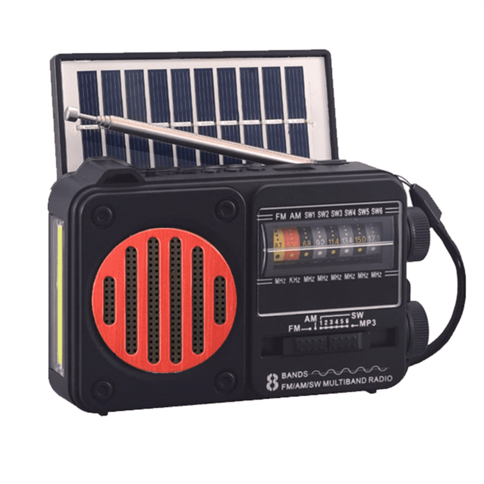 MINI-radio med solcelledrevet lommeradio, FM AM SW-radiomodtager, indbygget højttaler, trådløs Bluetooth-musikafspiller med LED-lys, B