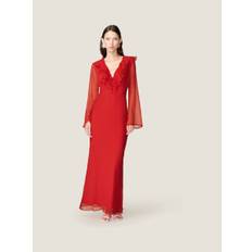 Omnes Omnes Red Yvette Chiffon V-Neck Flared Sleeves Ruffle Detail Dress - 36