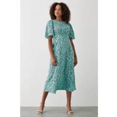 Green Animal Flutter Sleeve Shirred Waist Midi Dress, Green - 18