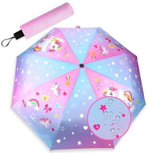 DPKOW Farbwechsel bei Regen Regenschirm Kinder, Einhorn Regenschirm Taschenschirm, Kinderschirm für Schulranzen, Mädchen Einschulungsgeschenke, Kinderregenschirme, Mädchen, 98cm