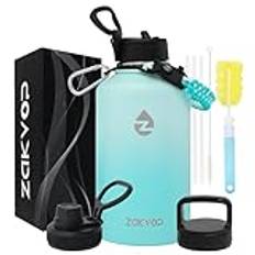 ZAKVOP 2L Isolerad Vattenflaska med Sugrör och 3 Lock, Vattenflaska i Rostfritt Stål med Paracord-handtag, 2 liters Vattenflaska i Metall med Flaskborstar för Gym, Vandring, Camping