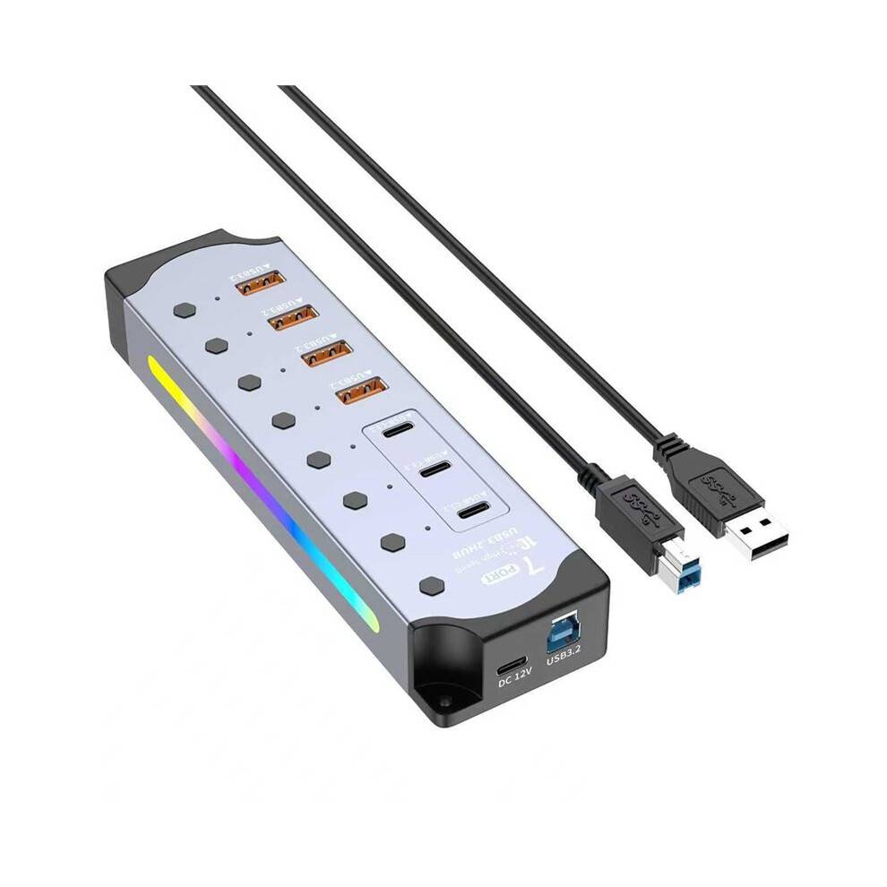 Powered USB Hub 10Gbps, USB 3.2 7-Port USB-C & USB-A Hub with Individual /Off Switches and 12V Power Adapter EU Plug