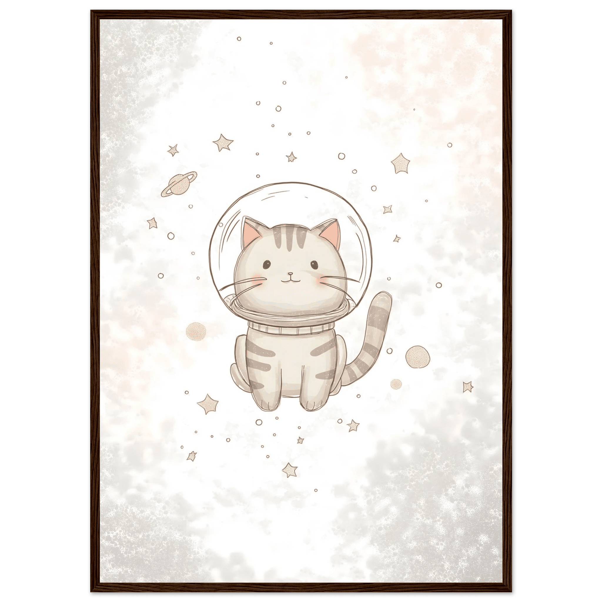 Katt i rymden poster-50x70 cm / 20x28″ / Med ram / Mörkt trä
